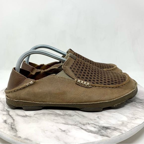 Olukai Moloa Aho Brown Leather Perforated Casual Slip-On Loafers 9/42 Mens Beach - Picture 2 of 16